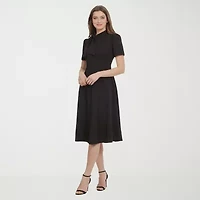 Ivy & Blue Womens Midi Split Tie Neck Short Sleeve Cap Fit + Flare Dress