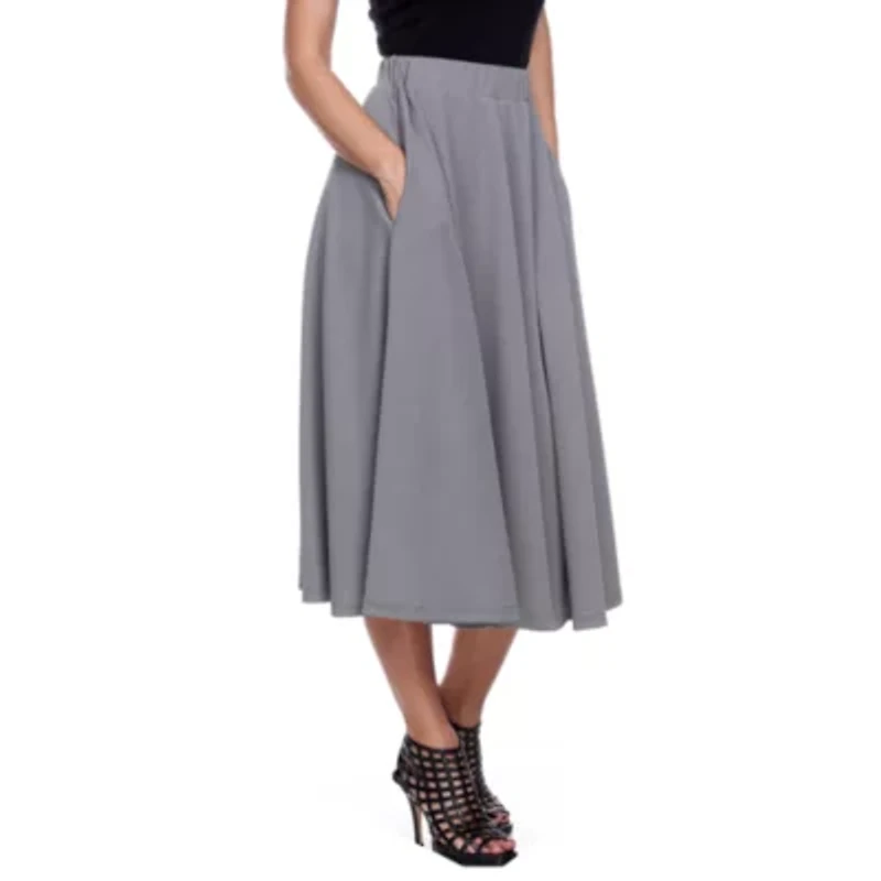 White Mark Tasmin Womens Stretch Fabric Mid Rise Midi Flared Skirt