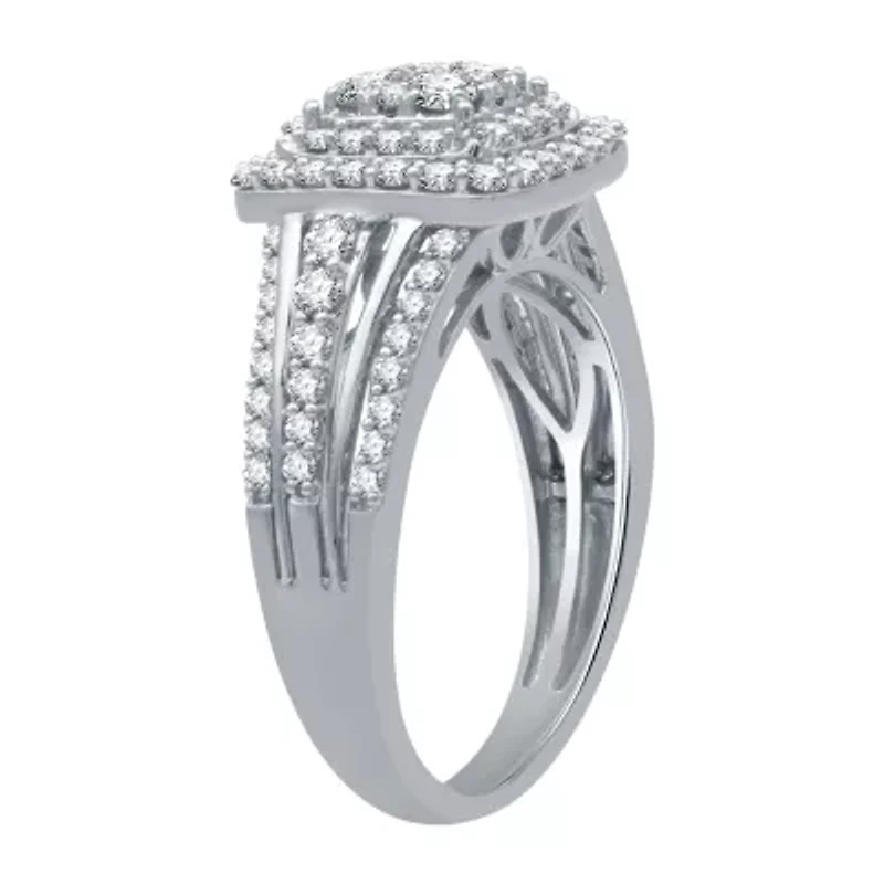 Womens 1 CT. T.W. Natural White Diamond 10K Gold Cushion Side Stone Halo Engagement Ring