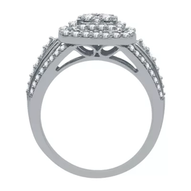 Womens 1 CT. T.W. Natural White Diamond 10K Gold Cushion Side Stone Halo Engagement Ring