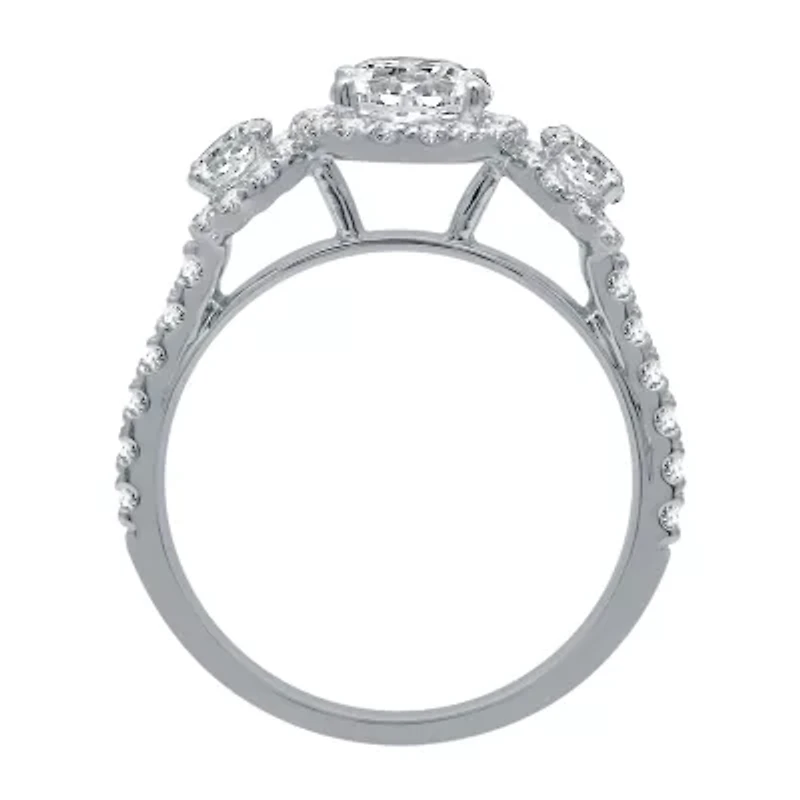 (H-I / I1) Womens 2 CT. T.W. Lab Grown White Diamond 10K Gold 3-Stone Halo Engagement Ring