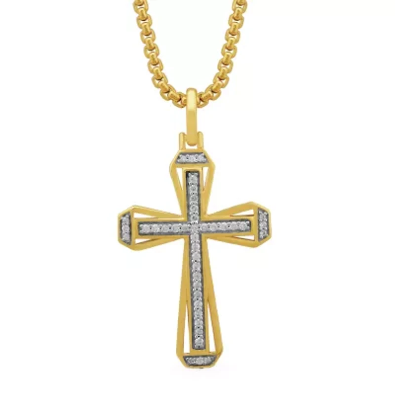 Mens 1/5 CT. Natural White Diamond 14K Gold Over Silver Cross 22 Inch Pendant Necklace