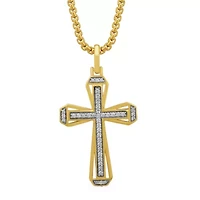 Mens 1/5 CT. Natural White Diamond 14K Gold Over Silver Cross 22 Inch Pendant Necklace