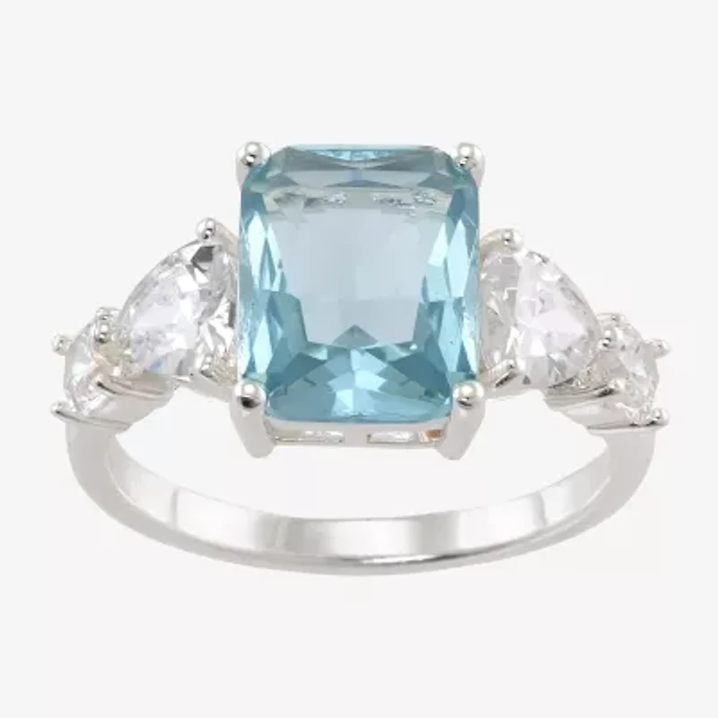 Sparkle Allure Side Stone Womens Blue Crystal Pure Silver Over Brass Cocktail Ring
