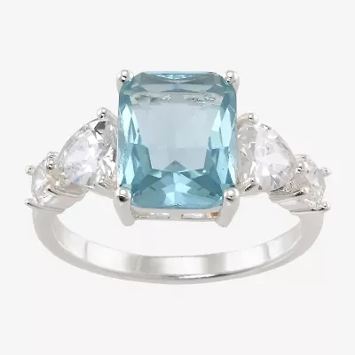 Sparkle Allure Side Stone Womens Blue Crystal Pure Silver Over Brass Cocktail Ring