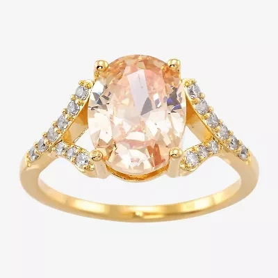 Sparkle Allure Split Shank Womens Champagne Cubic Zirconia 14K Gold Over Brass Oval Cocktail Ring