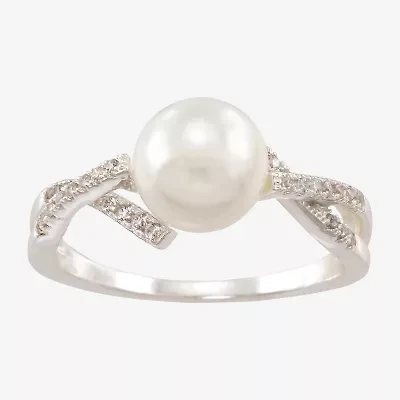 Sparkle Allure Twisted Shank Crossover Womens Simulated Pearl Pure Silver Over Brass Round Engagement Ring