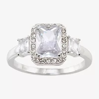 Sparkle Allure Side Stone Womens Cubic Zirconia Pure Silver Over Brass Halo Engagement Ring