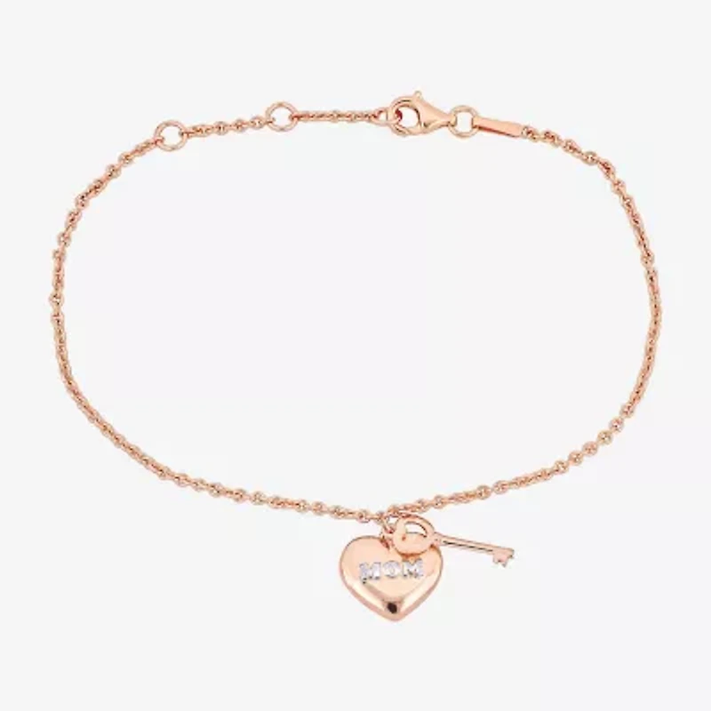 "Mom" Womens 18K Rose Gold Over Silver Heart Keys Charm Bracelet