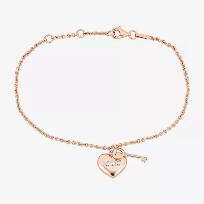 "Mom" Womens 18K Rose Gold Over Silver Heart Keys Charm Bracelet