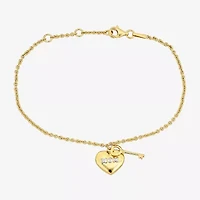 Womens 18K Gold Over Silver 7 Inch Solid Heart Keys Chain Bracelet