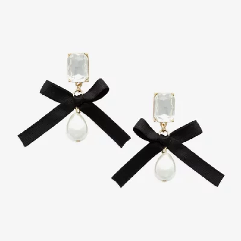 Bijoux Bar Gold Tone Womens Glass Simulated Pearl Bow Drop Earrings