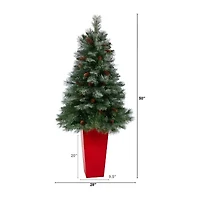 Nearly Natural Snowed French Alps Pine 4 1/2 Foot Potted Pine Christmas Tree