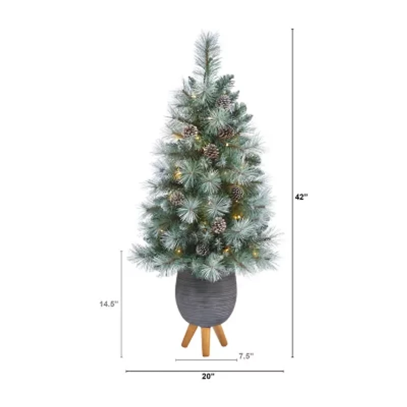Nearly Natural Frosted Tip 3 1/2 Foot Pre-Lit Flocked Potted Pine Christmas Tree