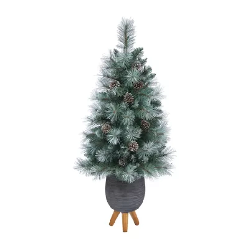 Nearly Natural Frosted Tip 3 1/2 Foot Pre-Lit Flocked Potted Pine Christmas Tree
