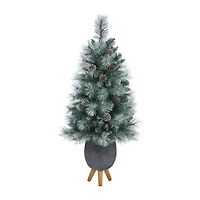 Nearly Natural Frosted Tip 3 1/2 Foot Pre-Lit Flocked Potted Pine Christmas Tree