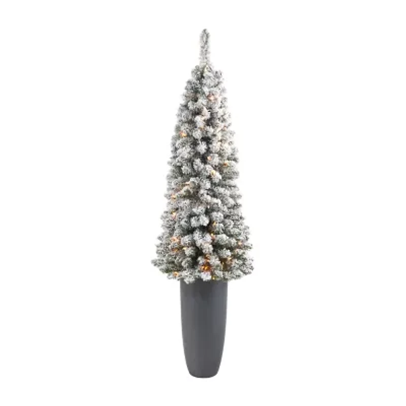 Nearly Natural Pencil 4 1/2 Foot Pre-Lit Flocked Potted Pine Christmas Tree