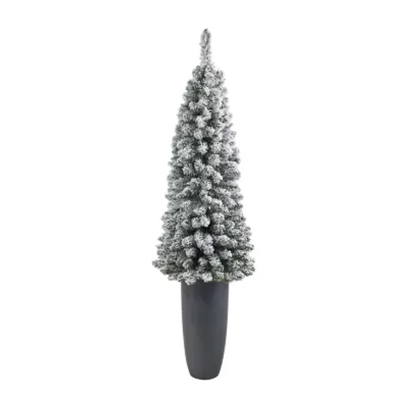 Nearly Natural Pencil 4 1/2 Foot Pre-Lit Flocked Potted Pine Christmas Tree