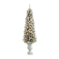 Nearly Natural Flocked Pencil 5 1/2 Foot Pre-Lit Flocked Potted Pine Christmas Tree