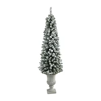 Nearly Natural Flocked Pencil 5 1/2 Foot Pre-Lit Flocked Potted Pine Christmas Tree
