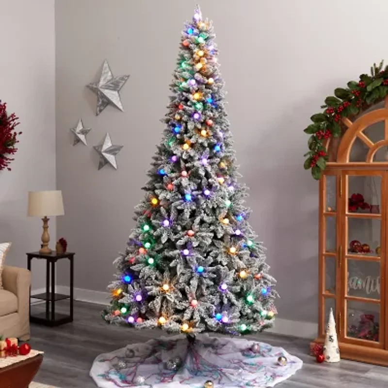 Nearly Natural 9 1/2 Foot Pre-Lit Flocked Fir Christmas Tree