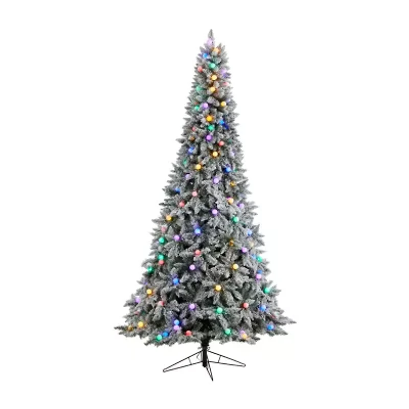 Nearly Natural 9 1/2 Foot Pre-Lit Flocked Fir Christmas Tree