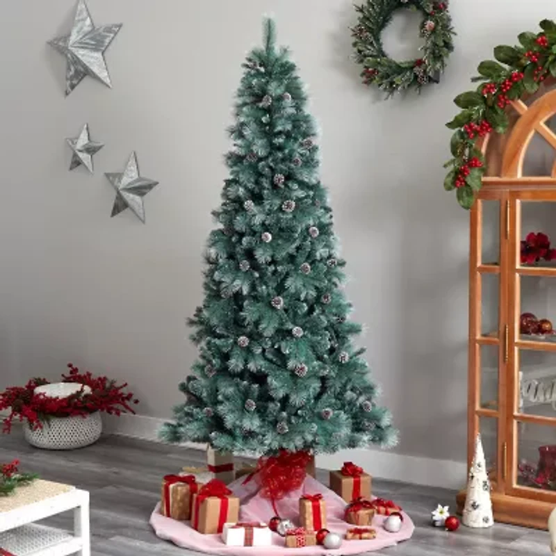 Nearly Natural Frosted 8 Foot Pre-Lit Flocked Pine Christmas Tree