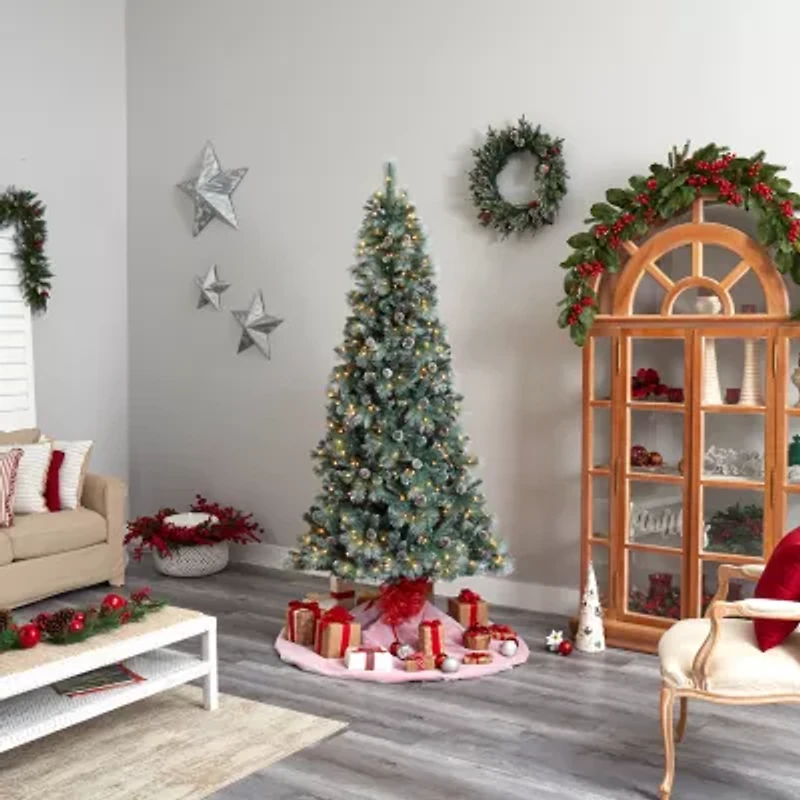Nearly Natural Frosted 8 Foot Pre-Lit Flocked Pine Christmas Tree
