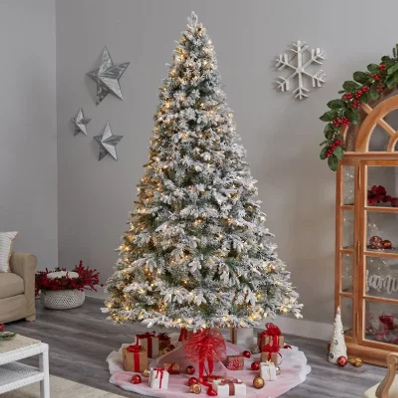 Nearly Natural 9 Foot Pre-Lit Flocked Pine Christmas Tree