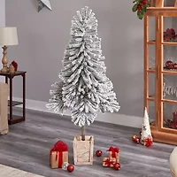 Nearly Natural 5 Foot Pre-Lit Flocked Potted Fir Christmas Tree