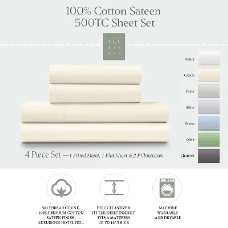 Ella Jayne 100% Cotton Sateen 500 Thread Count Deep Pocket 4-piece Sheet Set