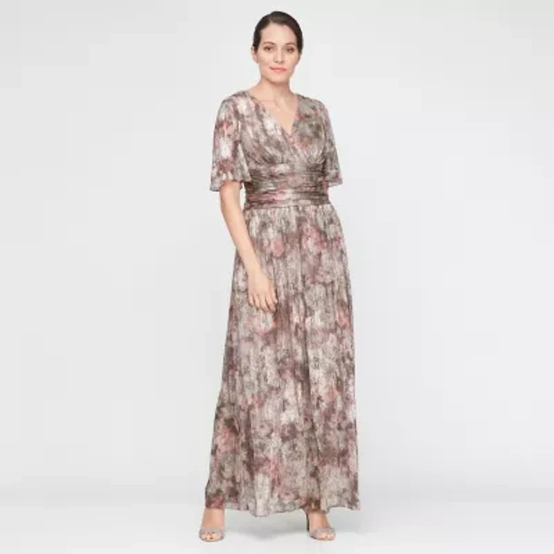 S. L. Fashions Womens Short Sleeve Floral Evening Gown