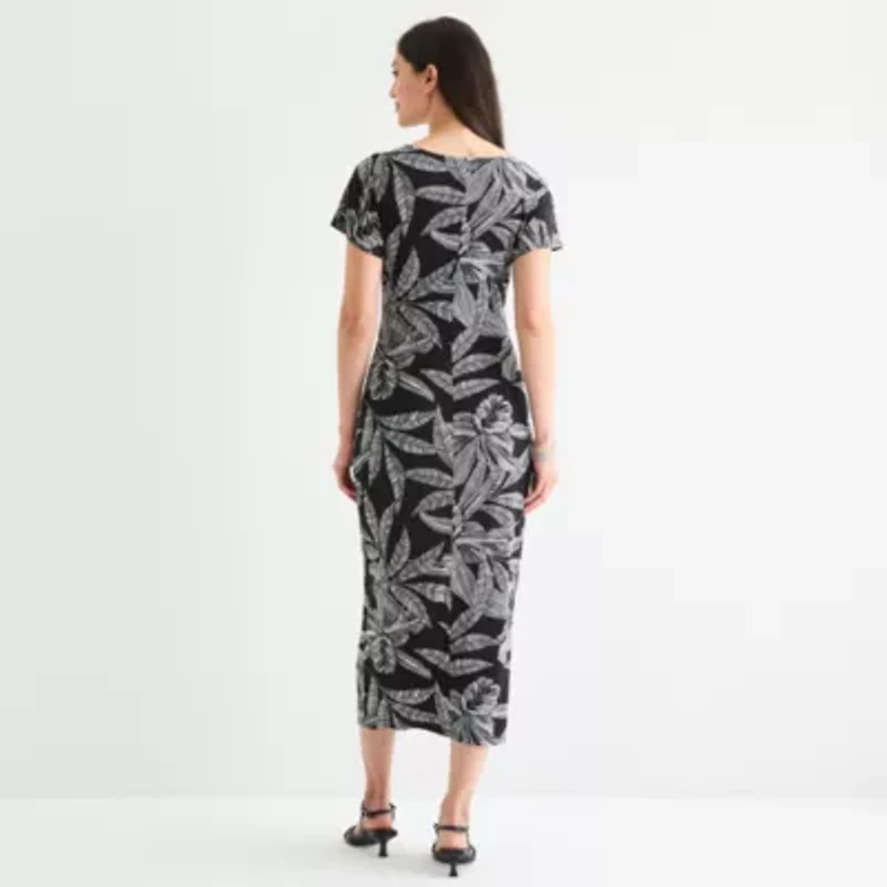 Robbie Bee Womens Short Sleeve Midi Leaf Sheath Dress