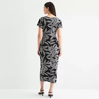Robbie Bee Womens Short Sleeve Midi Leaf Sheath Dress