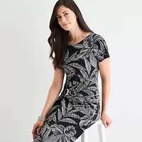 Robbie Bee Womens Short Sleeve Midi Leaf Sheath Dress