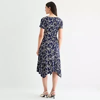 Perceptions Womens Short Sleeve Floral Midi Fit + Flare Dress