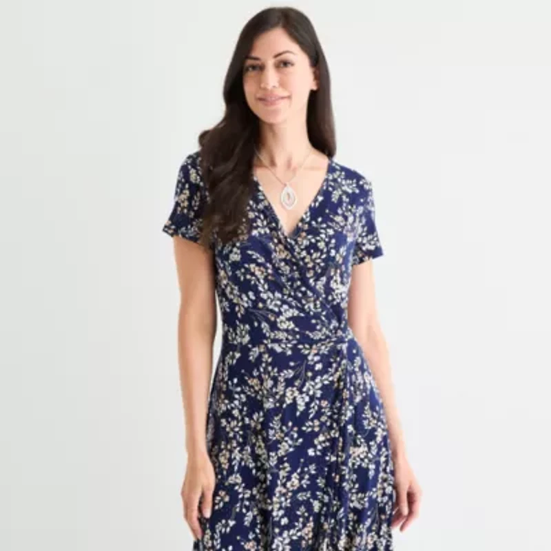 Perceptions Womens Short Sleeve Floral Midi Fit + Flare Dress