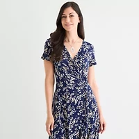 Perceptions Womens Short Sleeve Floral Midi Fit + Flare Dress