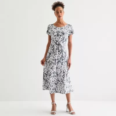 Perceptions Womens Short Sleeve Scroll Midi Fit + Flare Dress