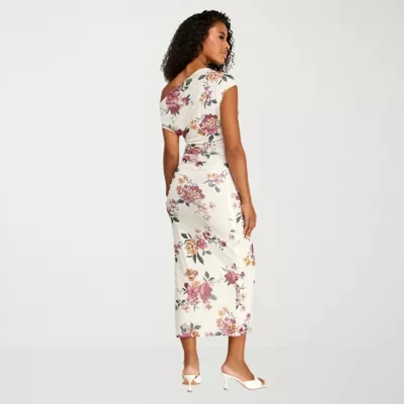 Premier Amour Womens Midi Asymmetrical Neck Sleeveless Floral Sheath Dress