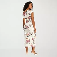 Premier Amour Womens Midi Asymmetrical Neck Sleeveless Floral Sheath Dress