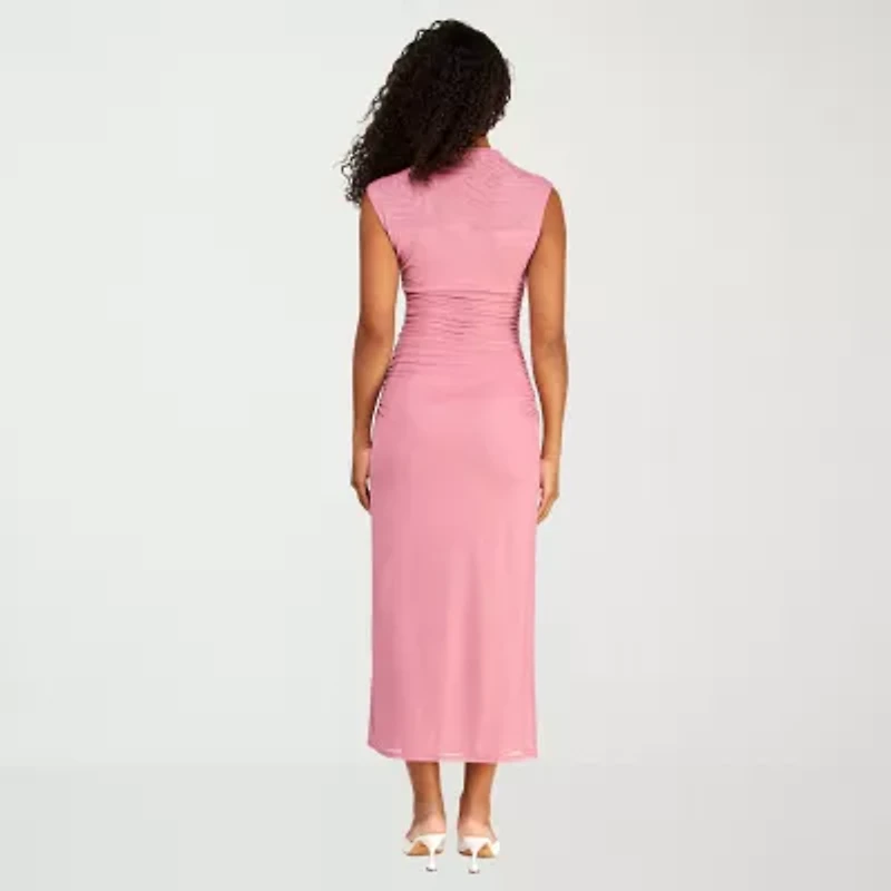 Premier Amour Womens Midi Mock Neck Sleeveless Sheath Dress