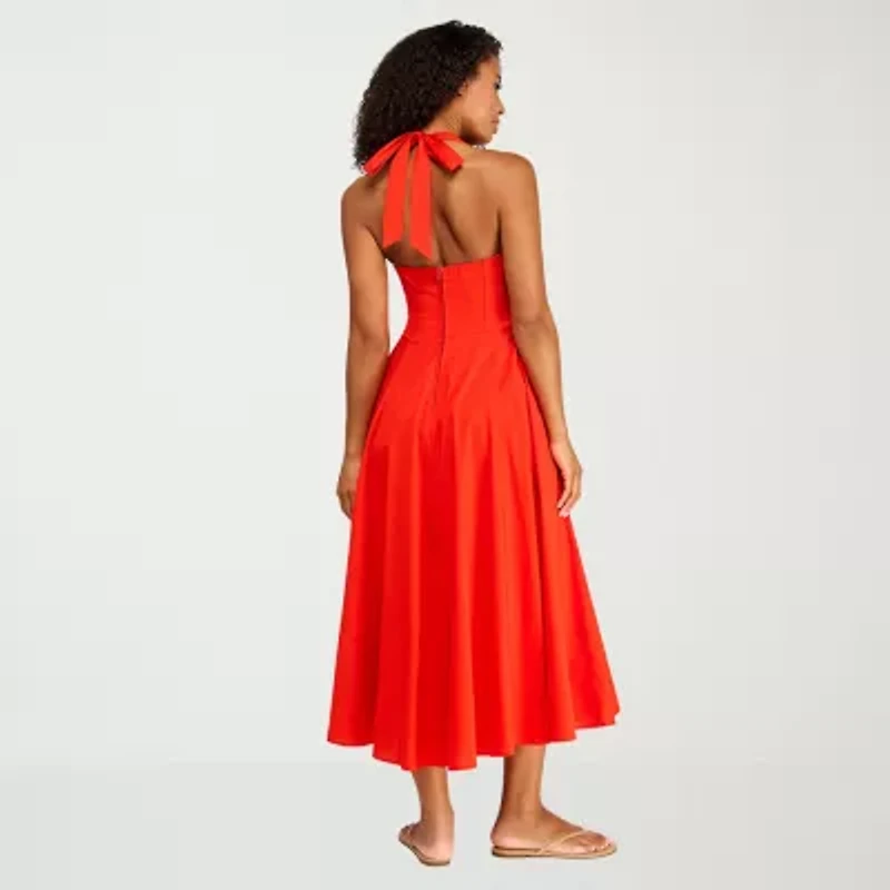 Premier Amour Womens Midi Halter Neck Sleeveless Fit + Flare Dress