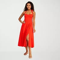 Premier Amour Womens Midi Halter Neck Sleeveless Fit + Flare Dress