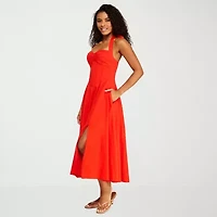 Premier Amour Womens Midi Halter Neck Sleeveless Fit + Flare Dress