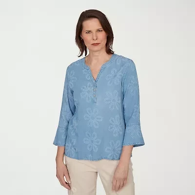 Alfred Dunner Camden Market Womens Split Crew Neck 3/4 Sleeve Embellished Blouse