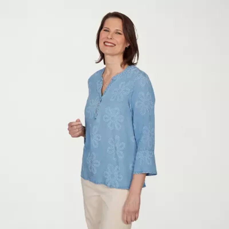 Alfred Dunner Camden Market Womens Split Crew Neck 3/4 Sleeve Embellished Blouse