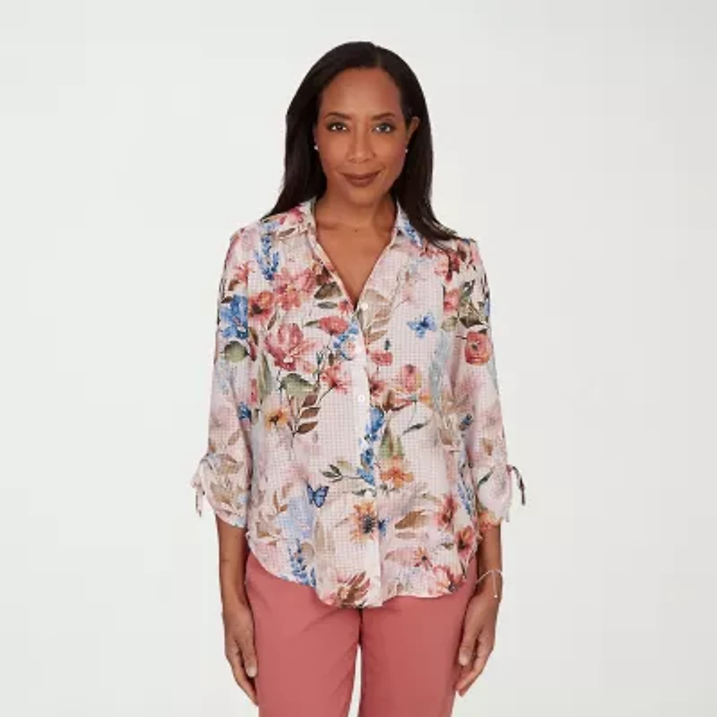Alfred Dunner Camden Market Womens 3/4 Sleeve Regular Fit Button-Down Shirt