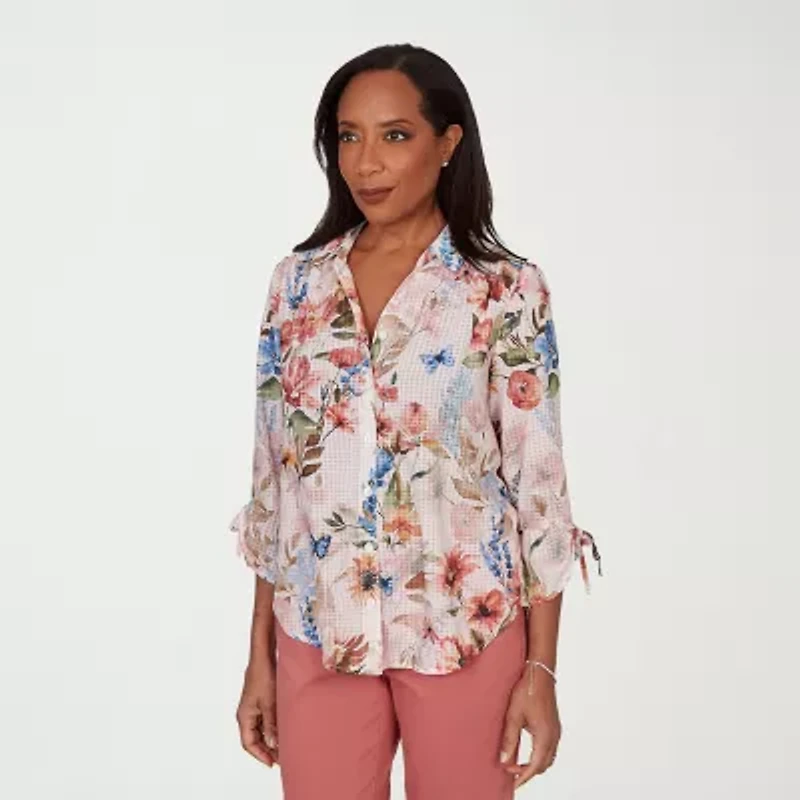 Alfred Dunner Camden Market Womens 3/4 Sleeve Regular Fit Button-Down Shirt