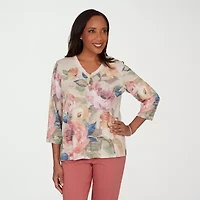 Alfred Dunner Camden Market Womens V Neck 3/4 Sleeve T-Shirt